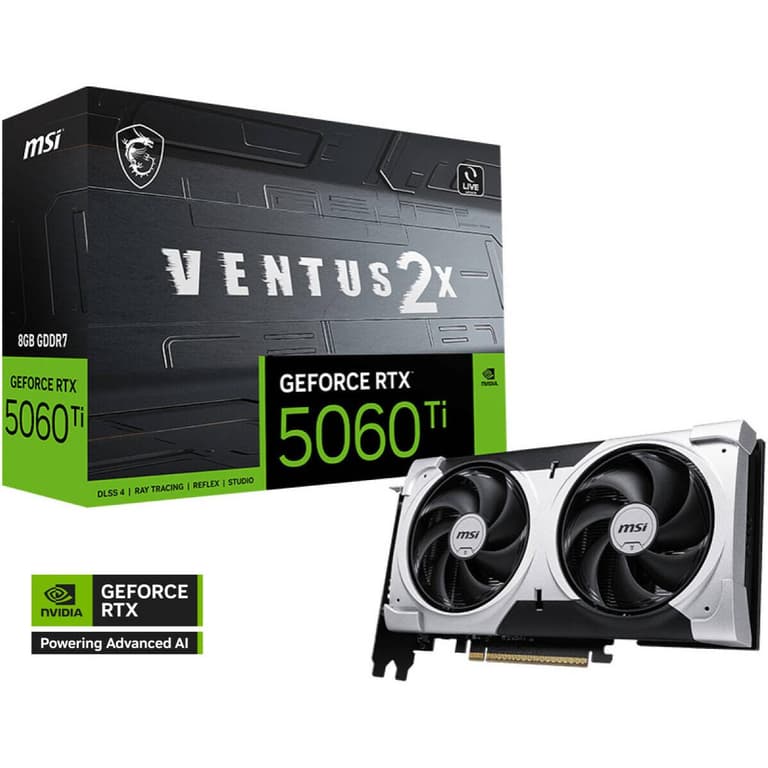 MSI GeForce RTX 5060 Ti VENTUS 2X PLUS 8GB GDDR7 128-Bit Memory, 2572 MHz Boost Clock, 28 Gbps Memory Speed, 4608 CUDA Cores, PCI Express Gen 5 x16