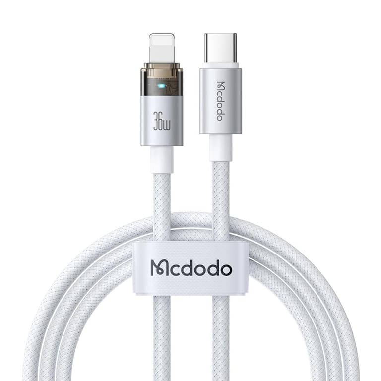 Mcdodo CA-6942 36W USB C to Lightning Cable with Flashing Light 4ft, Nylon Braided Lightning USB C Fast Charging Cable Fit for 14 13 12 11/Pro/ProMax/Plus, iPad, AirPods, iTouch - White