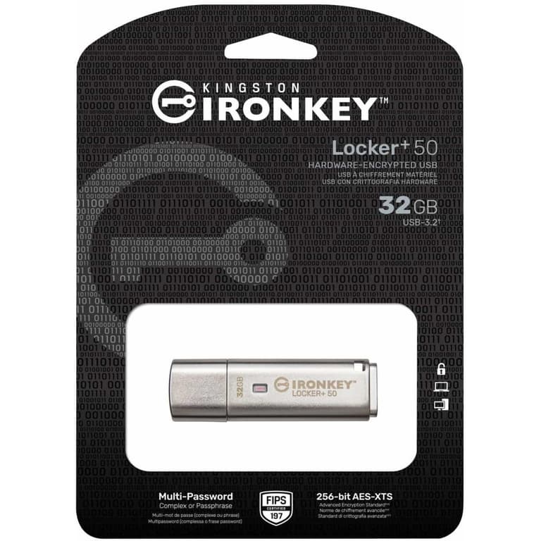 Kingston Ironkey Locker+ 50 256GB Encrypted Flash Drive USB 3.2 XTS-AES Protection Multi-Password Security Options Automatic Cloud Backup Metal Casing