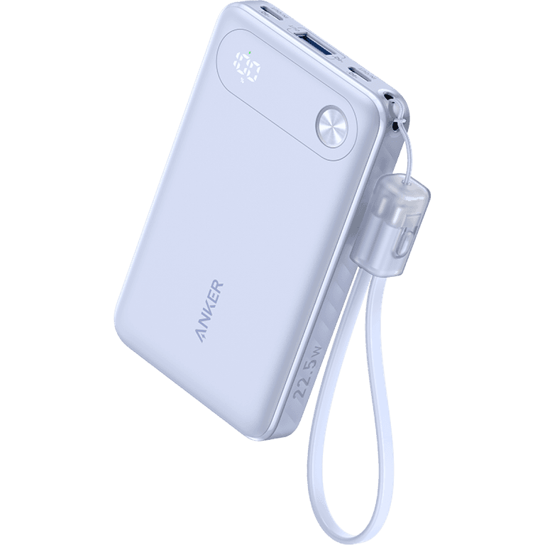 Anker A1257PV1 Power Bank, 10,000mAh Portable Charger with Built-in USB-C Cable and Lanyard, 22.5W Max Output with USB-C&A Port, Battery Pack for iPhone 15/14, Galaxy S23, iPad, AirPods, and More - Purple