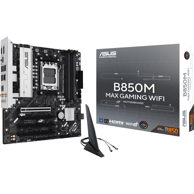 ASUS B850M MAX GAMING WIFI 6 AM5 Micro ATX AMD B850 Chipset, 4x DDR5 UDIMM Slots, Up to 256GB Max Memory, 4x PCIe x16 Slots, 2x M.2 Slots, WiFi & BT Connectivity