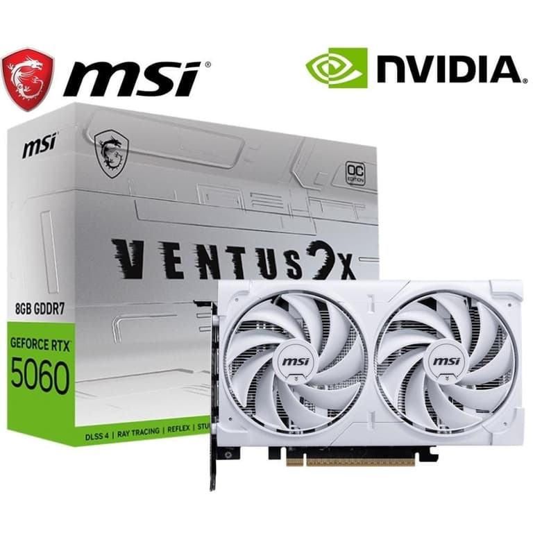 MSI GeForce RTX 5060 VENTUS 2X OC 8GB GDDR7 128-Bit Memory, 2527 MHz Boost Clock, 28 Gbps Memory Speed, 3840 CUDA Cores, PCI Express Gen 5 x16 , White