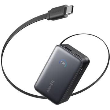 Anker Nano Power Bank, 10,000mAh Portable Charger with 2.3 ft InstaCord Retractable Cable, 45W Max Compact Battery Pack, Smart Display, for iPhone 16 Series, iPad, Galaxy, Pixel, and More - Black