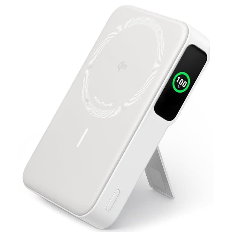 Anker MagGo Power Bank, Qi2 Certified 15W Ultra-Fast MagSafe-Compatible Portable Charger, 10,000mAh Battery Pack with Smart Display & Foldable Stand, For iPhone 16/15/14/13 Only - White
