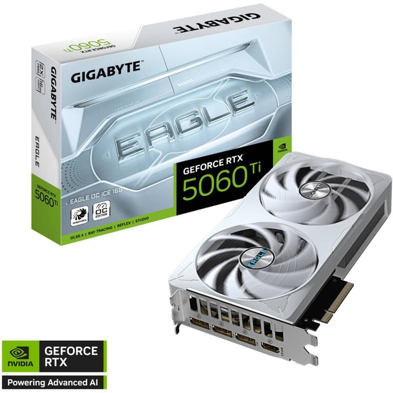 GIGABYTE GeForce RTX 5060 Ti EAGLE OC ICE Graphics Card, 16GB GDDR7 128-Bit Memory, 2617 MHz Core Clock, 28 Gbps Memory Clock, PCI-Express 5.0, White