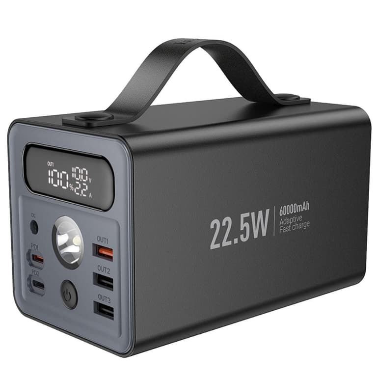 HOCO J138 Power Bank with Ultra Large 60,000mAh Capacity 22.5W PD20W DC12V Multi-function, Dual Type-C Input and Type-C and triple USB-A output, LED digital display of power level, With LED lamp and handle - Black