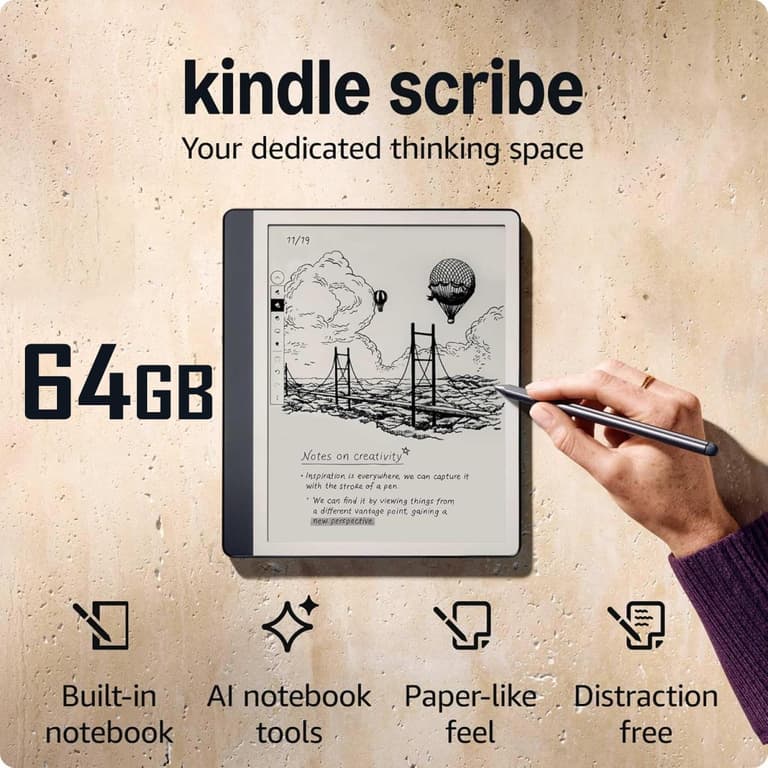 Amazon NEW Kindle Scribe E-Reader (2024) 64GB Storage Your notes, Documents & Books, Built-in AI Notebook Summarization w/ 10.2" Display & Premium Pen - Tungsten