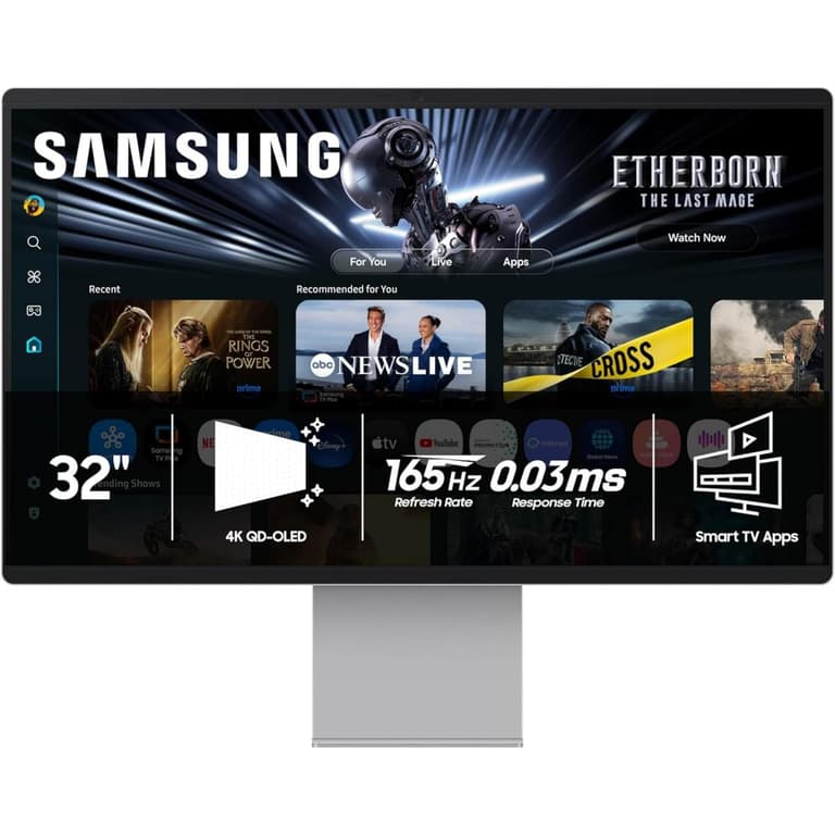 Samsung M9 32" (M90SF) Smart AI OLED 4K QD-OLED, 165Hz, 0.03ms, HDR10+, 100% sRGB, Vision AI w/ Metal Slim Design, 4K Camera, USB Type-C, Ergonomics & Adaptive Sound Pro Speakers (Eclipse Silver)