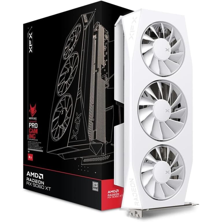 XFX Mercury AMD Radeon RX 9060 XT OC Triple Fan Gaming Edition 16GB GDDR6 128-Bit Memory, 3320 MHz Boost Clock, 2048 Stream Processors, 20 Gbps Memory Clock, PCI-E 5.0 , White