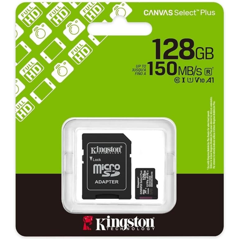 Kingston SDCS3/128GB Canvas Select Plus 128GB microSDXC Card Up to 150MB/s A1 Class 10 UHS-I with Adapter