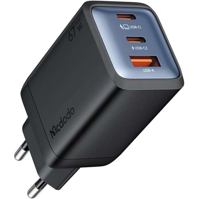 Mcdodo Gana Mini 67W GaN Charger – 3-Port Fast Wall Charger with Dual USB-C & USB-A, Compact Design, Compatible with Laptops, Tablets, Smartphones & More - Black