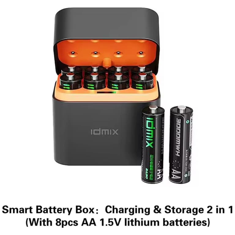 IDMIX Rechargeable Battery Set with 8pcs AA X8 1.5V lithium batteries Smart Battery Box Charging & Storage 2 in 1 1200+ cycles