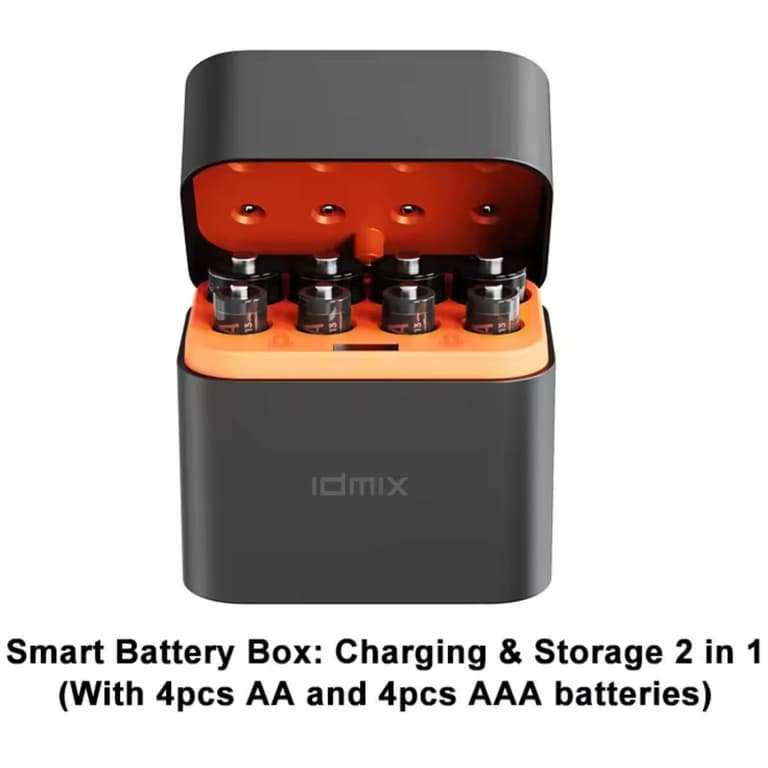 IDMIX Rechargeable Battery Set with 8pcs AA X4 + AAA X4 1.5V lithium batteries Smart Battery Box Charging & Storage 2 in 1 1200+ cycles