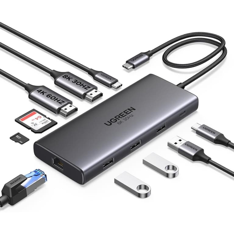 UGREEN 10 in 1 Docking Station USB C Dock Dual HDMI 4K@60Hz Single 8K@30Hz 100W PD 5Gbps USB C and USB A Data Ports Gigabit Ethernet, SD/TF Card Reader USB Hub Compatible for HP, Dell