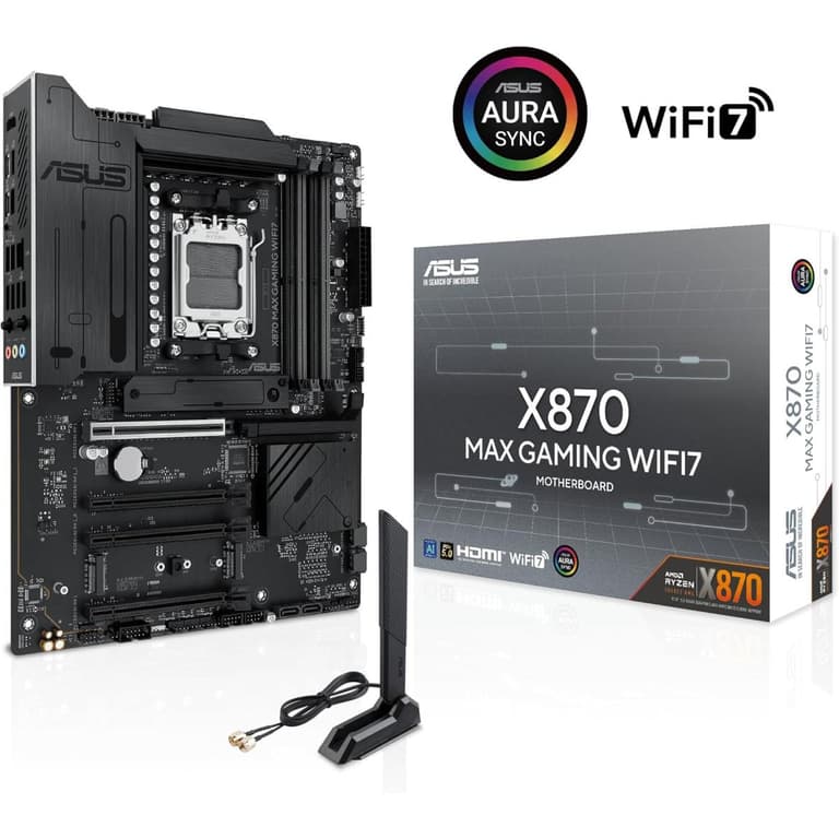 ASUS X870 MAX GAMING WIFI 7 AM5 ATX Motherboard, AMD X870 Chipset, 4x DDR5 DIMM Slots, Up to 256GB Max Memory, 1x PCIe 5.0 x16, 3x M.2 Slots, Wi-Fi 7 & Bluetooth v5.4