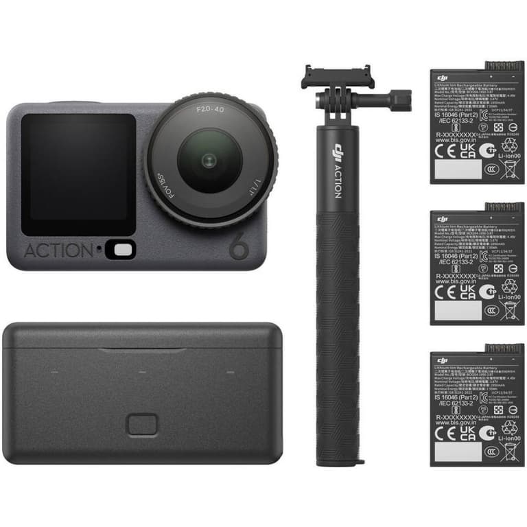 DJI Osmo Action 6 Adventure Combo, 38MP 1/1.1" Square CMOS Sensor, 155° FOV, Up to UHD 4K120 Video, 8K Still Photos, 3 Stereo Mics, OsmoAudio, Voice Control, Waterproof to 65.6', Black