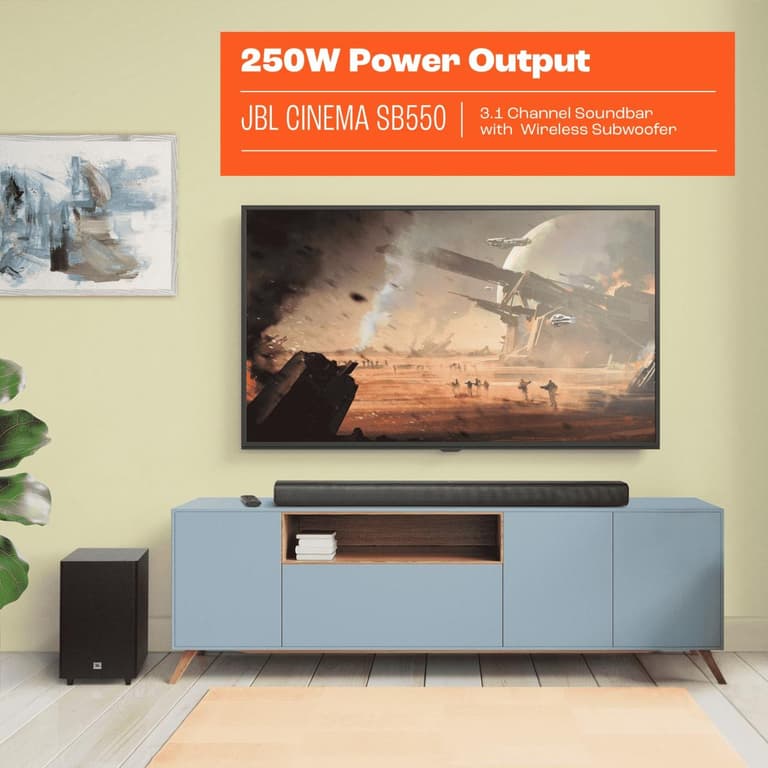 JBL Cinema SB550 3.1 Channel Soundbar with Wireless Subwoofer, 250W Output, 3x (45 x 100) mm Racetrack Drivers + 2x 13mm Tweeters Soundbar, Bluetooth 5.3 Connectivity, Black