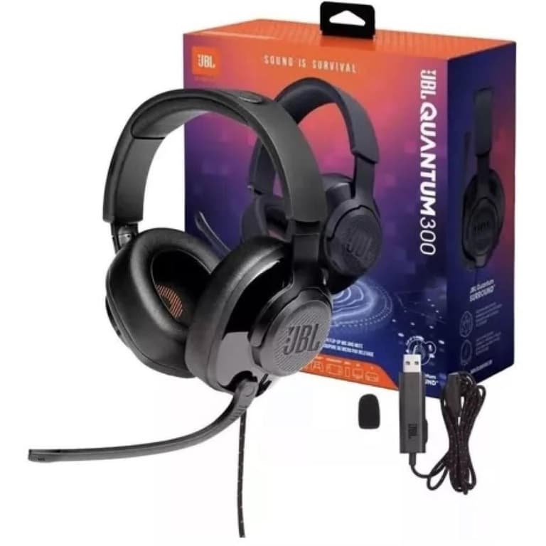 JBL Quantum 300 - Wired Over-Ear Gaming Headphones with JBL Quantum Engine Software Foam Ear Cushions 3.5 mm & USB Adapter- Black