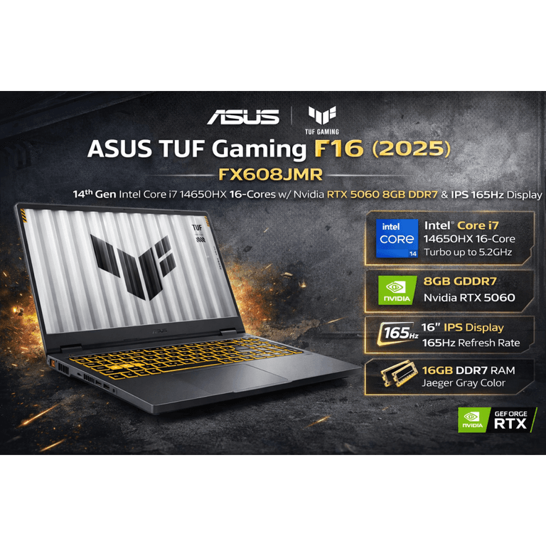 ASUS TUF Gaming F16 (2025) FX608JMR 14Gen Intel Core i7 14650HX 16-Cores w/ Nvidia RTX 5060 8GB DDR7 & IPS 165Hz Display - Gray