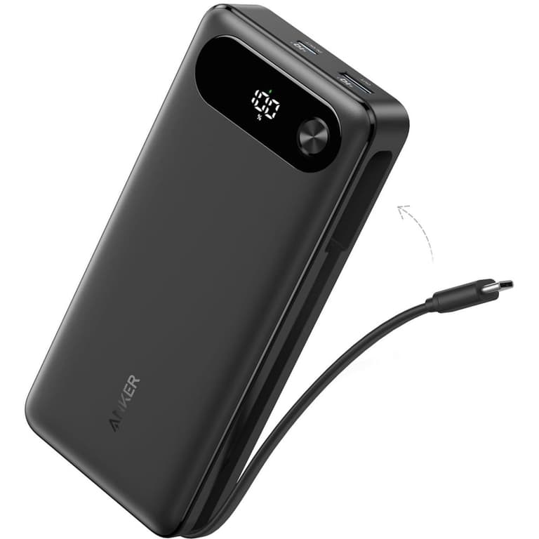 Anker Power Bank, 20,000mAh Travel Essential Portable Charger with Built-in USB-C Cable, 3-Port 87W Max Fast Charging Battery Pack, for MacBook, iPhone 16/15 Series, Samsung, Switch, and More - Black