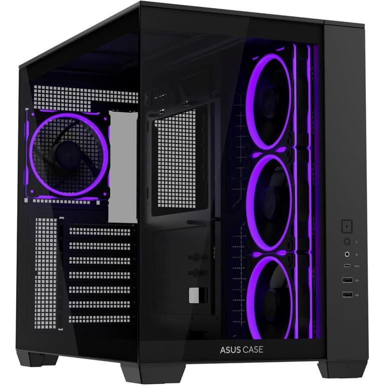 ASUS A32 PLUS ATX Computer Case, 4x Pre-Installed aRGB Fans, Up to 360mm Radiator & 10x 120mm Fan Support, 270° Panoramic View, Detach Side Panels, Black