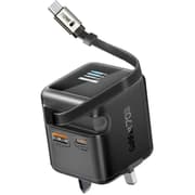 Promate Cubix-R70 70W GaNFast Charger with Retractable 80cm USB-C Cable, Dual USB-C PD 70W, USB-A 60W Port, 1.14” TFT Smart Display, UK Plug, Compact Wall Adapter for MacBook, iPhone 17, Galaxy Black product image