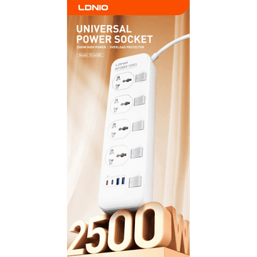 LDNIO SC4408C Overload Protector Electric Extension Socket Universal Plug Type Power Strip with 4 USB Ports Socket - White