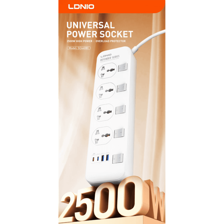 LDNIO SC4408C Overload Protector Electric Extension Socket Universal Plug Type Power Strip with 4 USB Ports Socket - White