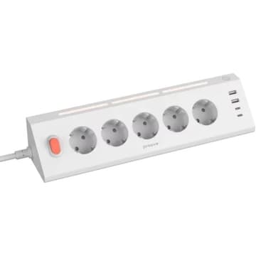 Proove Prism Socket surge protector includes 5 standard sockets, 2 USB Type-C ports, and 2 USB-A ports - White