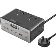 Promate PowerBrix-160 GaNFast 160W Charging Hub, Quad 3250W AC Sockets, 140W PD3.1 Usb-c, 100W USB-C, Dual 30W USB-C PD, 30W USB-A, Retractable Cable, 3m Power Cord - Gray product image