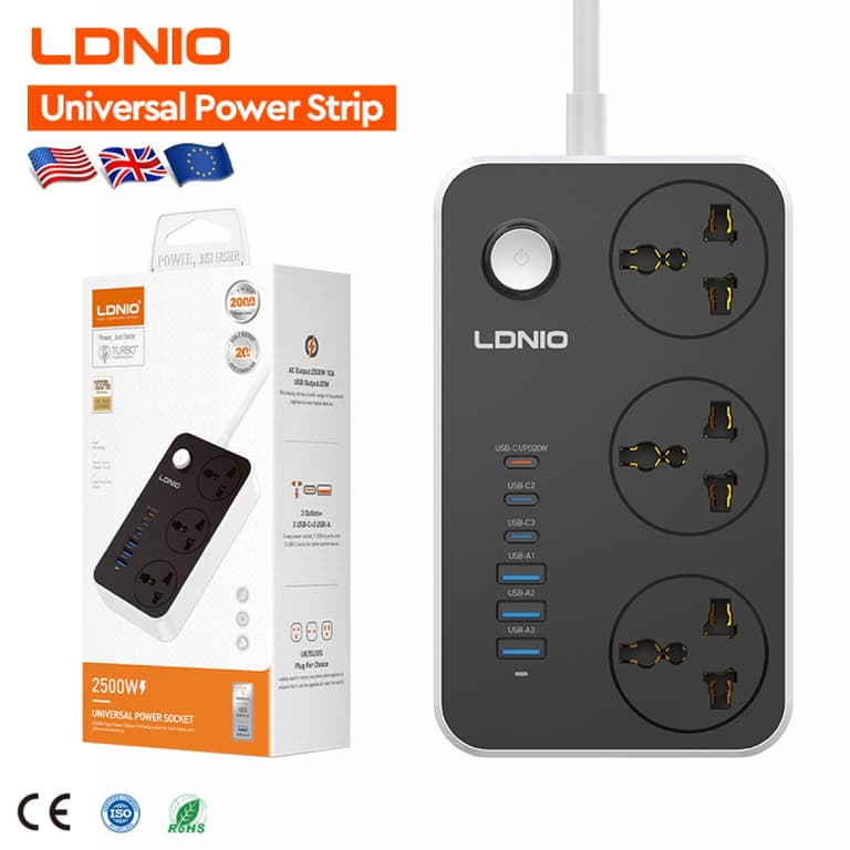 LDNIO SC3604C Multi Plug Universal Power Strip 3 Outlets Universal USB Power Socket Power Strip with Safety Master Switch