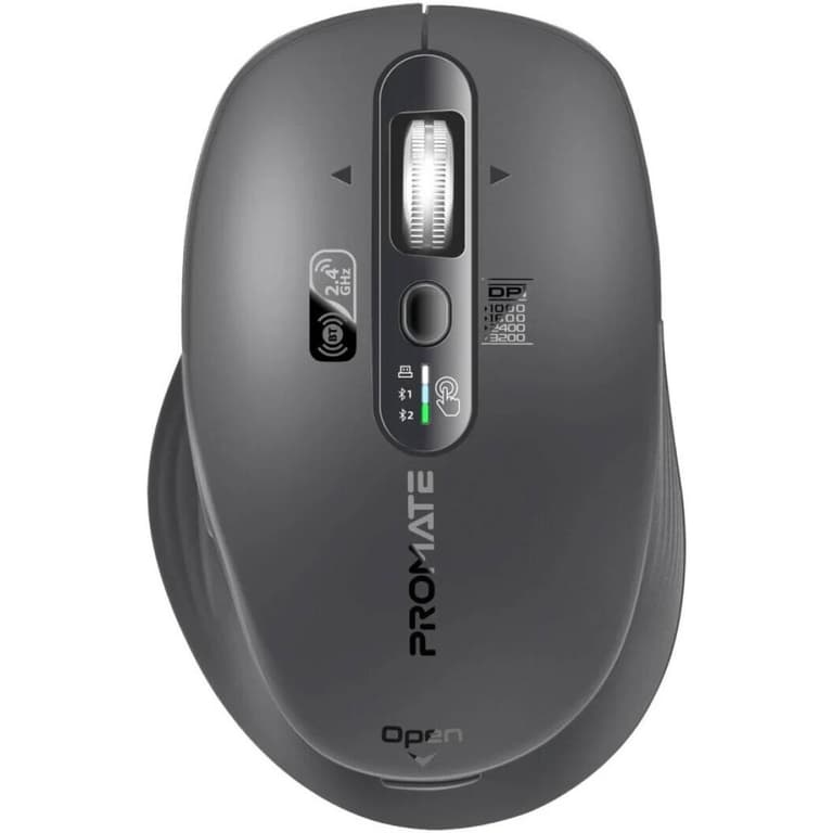 Promate SamoTri Wireless Mouse, 3200DPI Adjustable Resolution, Silent Operation, Smart Flying Scroll Wheel, 4-Way Navigation, OS Auto-Recognition, Tri-Connectivity, Bluetooth 5.0, Black