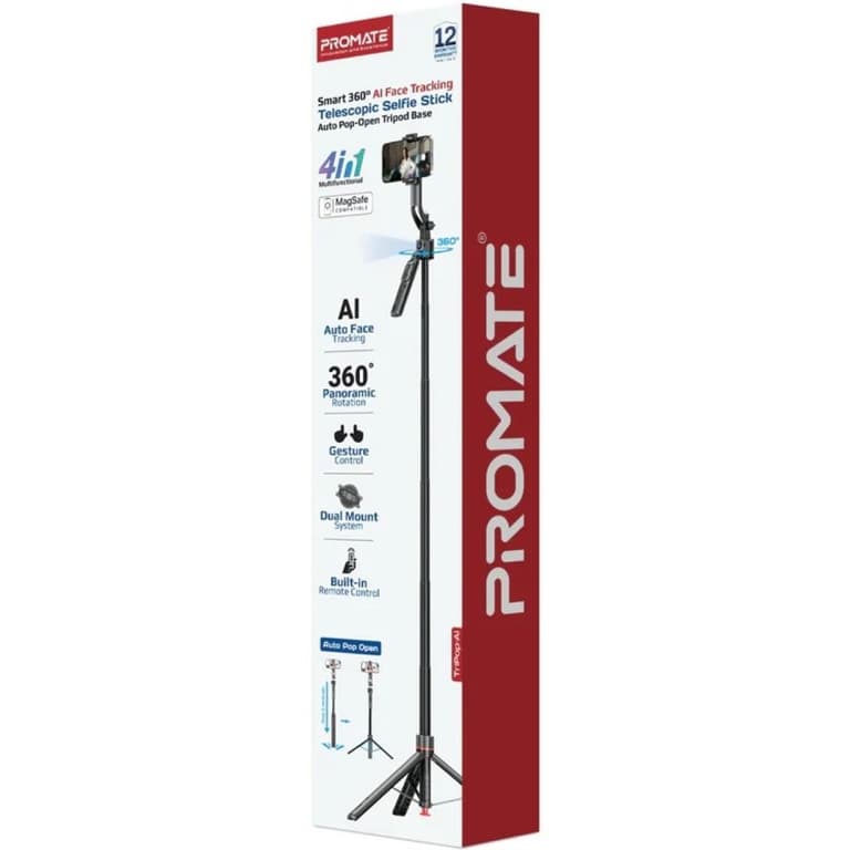 Promate TriPop-Ai Smart Tripod with 176cm Telescopic Rod, Auto-Pop Base, 360° AI Face Tracking, Gesture Control, Dual Mount Clamp & Magnetic, Bluetooth 5.4 Remote for iOS & Android - Black