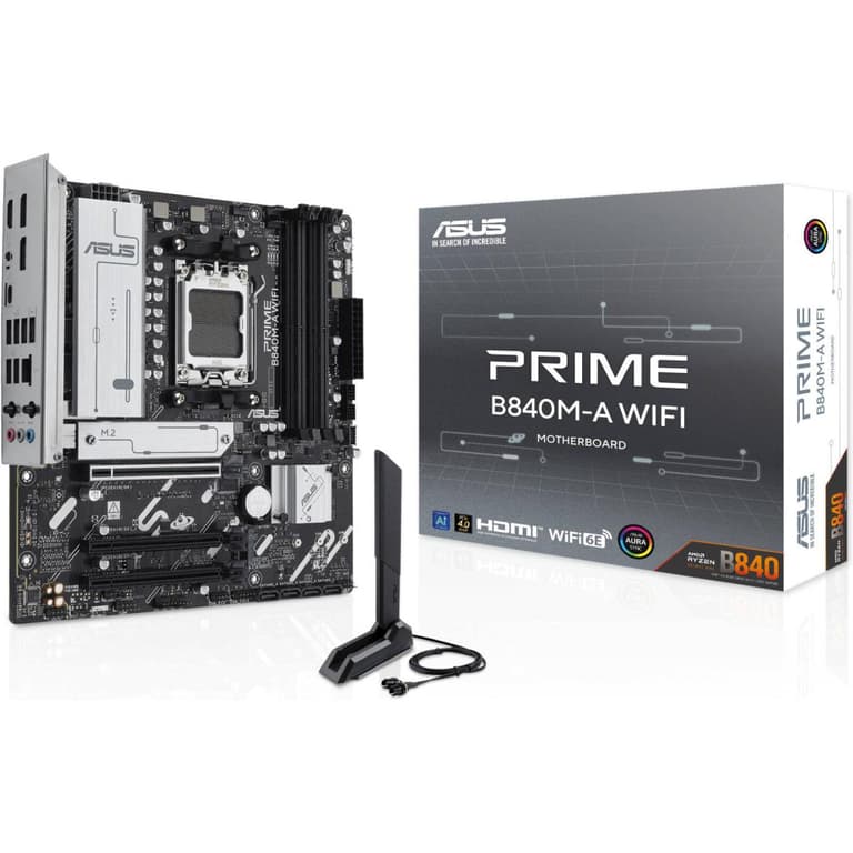 ASUS PRIME B840M-A WiFi AM5 Micro-ATX Motherboard, AMD B840 Chipset, 4x DIMM DDR5 Slot, Up to 192GB Max Memory, 1x PCIe 4.0 x16 SafeSlot Core+, 3x M.2 Slots, Wi-Fi & BT Connectivity