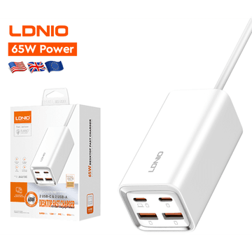 LDNIO A4610C 65W High Power Support 4 Port Usb UK US EU Plug Type C Qc3.0 Fast Charger Adapter Universal Charger for Laptop - White