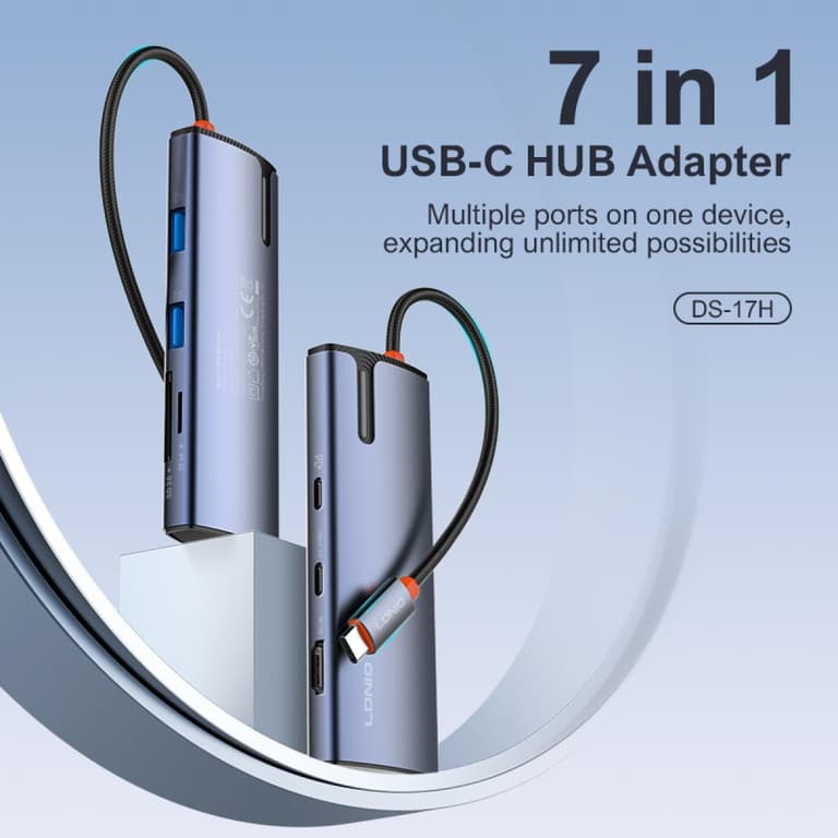 LDNIO DS-17H 7 in 1 USB 3.0 Type C to RJ45, USB HUB Adapter with 4K HDTV Ethernet TF & SD Card Reader - Gray