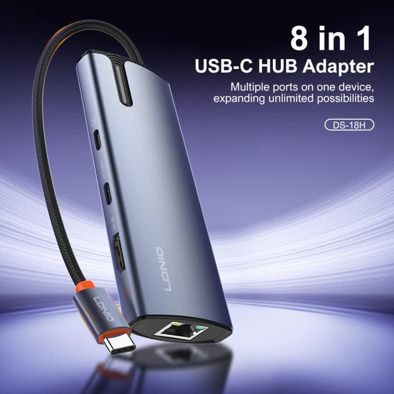 LDNIO DS-18H New Trending 8 in 1 Type-C to USB-C 3.0*1+USB C2.0/Pd100W*1+HDMI*1+USB3.0*2+RJ45*1+SD2.0*1+TF2.0*100W PD Charging Docking Station for Laptop mac- Gray