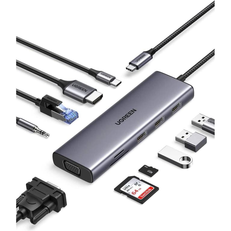 UGREEN 10 in 1 USB C Hub, Up to 4K @ 30Hz Display, 1Gbps Ethernet Speed, 100W Passthrough, 5Gbps Data Transfer Rate, 3.5mm Audio, RJ45 Ethernet, HDMI, USB-C, 3x USB-A, SD/TF Card Slot, VGA