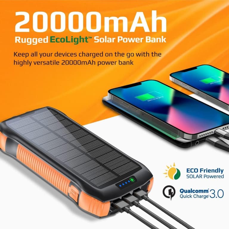 Promate SolarTank-20PDQi 20000mAh Power Bank, Solar Powered Portable Charger w/ Wireless Charging, USB-C Power Delivery Port, QC 3.0 Port, 5V/3A USB Ports, IP66 & LED Light