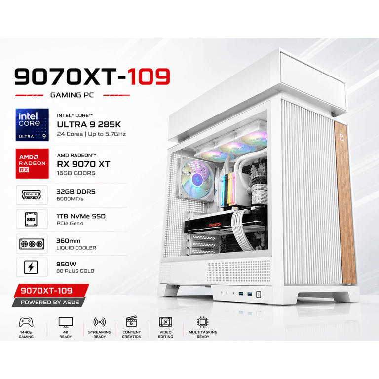 Powered By ASUS 9070XT-109 Gaming PC | Core Ultra 9 285K | Radeon RX 9070 XT 16GB | 32GB DDR5 | 1TB NVMe
