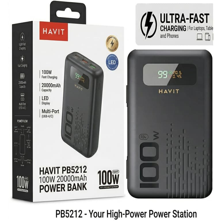 HAVIT PB5212 Power Bank 20000mAh 100W Fast Charging , Multiple USB C Outputs, USB A , Smart Digital Display, Secure & Stable Charging for Laptops & Handheld , Smartphones, Tablets & Travel - Black
