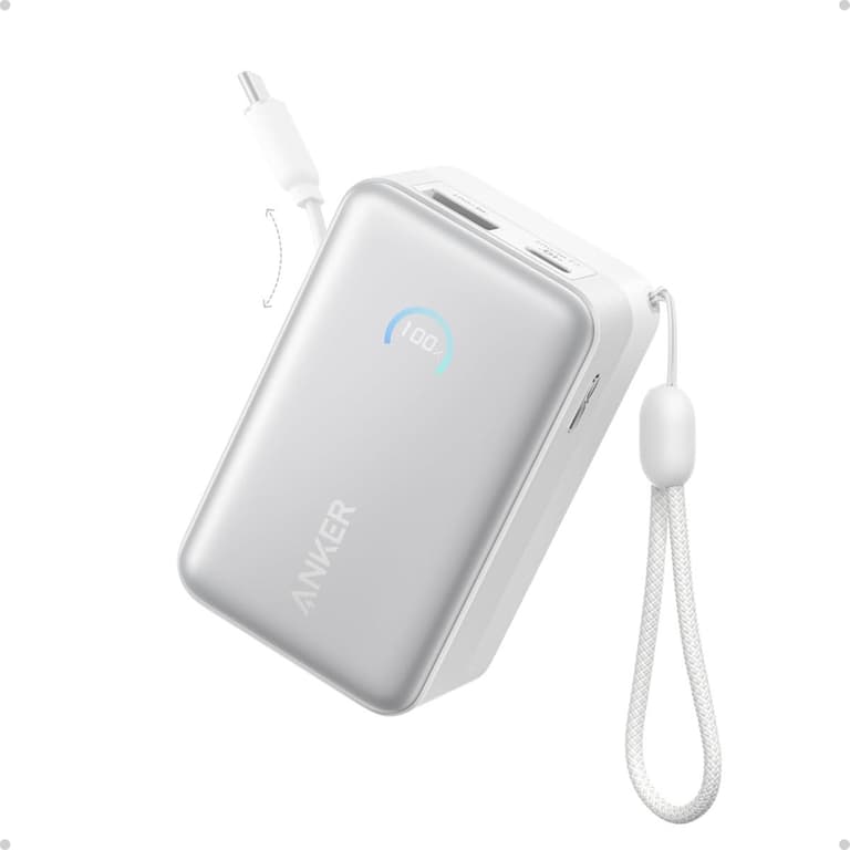 Anker Nano Power Bank, 10,000mAh Portable Charger with 2.3 ft InstaCord Retractable Cable, 45W Max Compact Battery Pack, Smart Display, for iPhone 16 Series, iPad, Galaxy, Pixel, and More - White