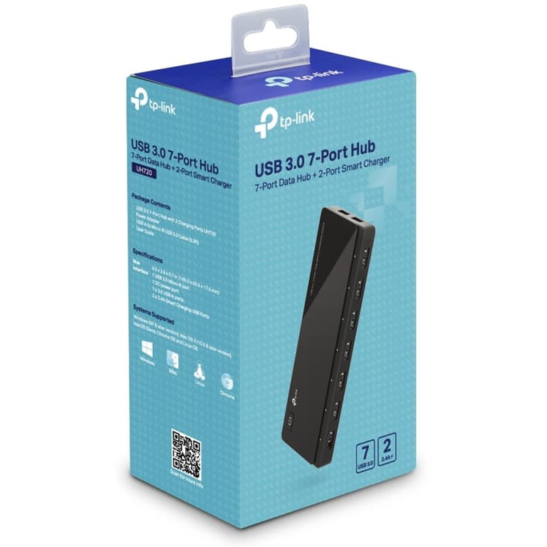 TP-Link UH720 Powered USB Hub 3.0 with 7 USB 3.0 Data Ports & 2 Smart Charging USB Ports For Windows & Mac Power On/Off Button