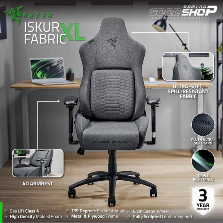 Razer Iskur XL Fabric Ergonomic Lumbar Support System Ultra-Soft Spill-Resistant Fabric Foam Cushions 4D Armrests - Dark Gray