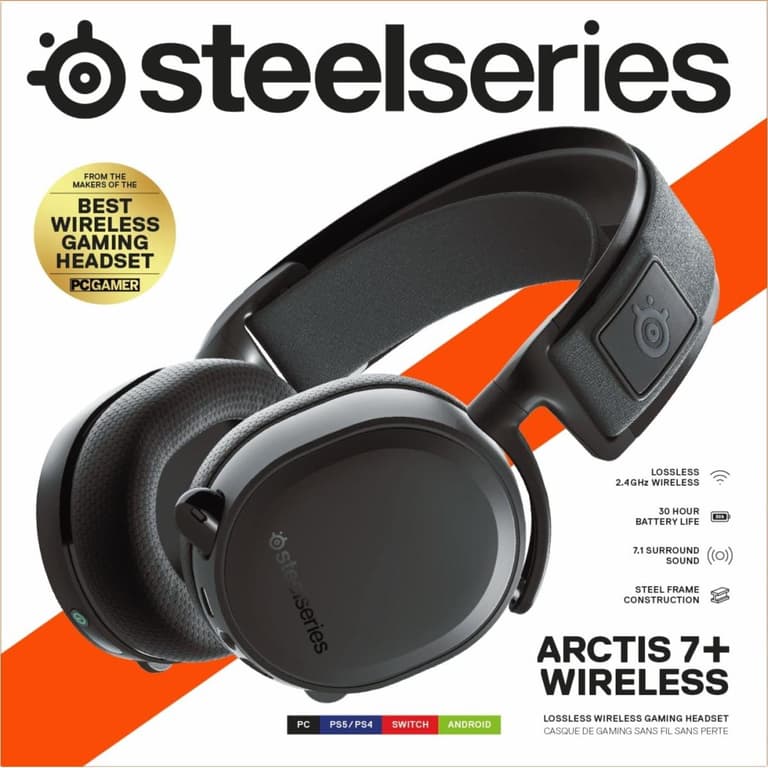 SteelSeries Arctis 7+ Wireless Lossless 2.4 GHz 30 Hour USB-C 7.1 Surround For PC, PS5, PS4, Mac, Android and Switch - Black