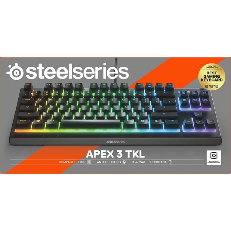 SteelSeries Apex 3 TKL RGB Gaming Keyboard – Tenkeyless Compact Form Factor - 8-Zone RGB Illumination – IP32 Water & Dust Resistant – Whisper Quiet Gaming Switch – Gaming Grade Anti-Ghosting,Black