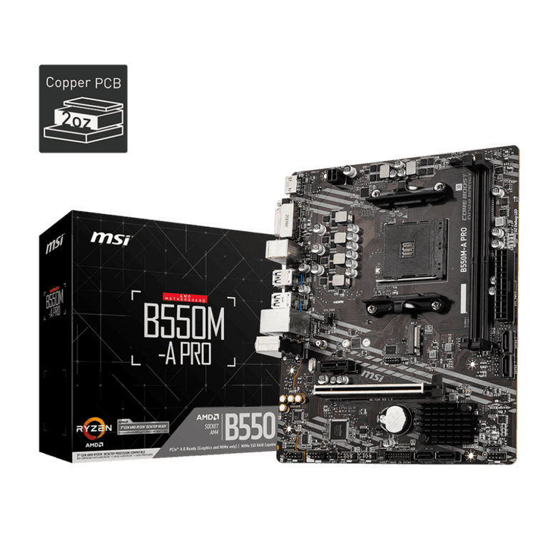 MSI B550M-A PRO Micro-ATX Motherboard, AMD B550 Chipset, AM4 Socket, Max. Memory 64GB DDR4, 2 x Dual-Channel DDR4 Ports, 1 x PCIe 4.0 x16 Slot
