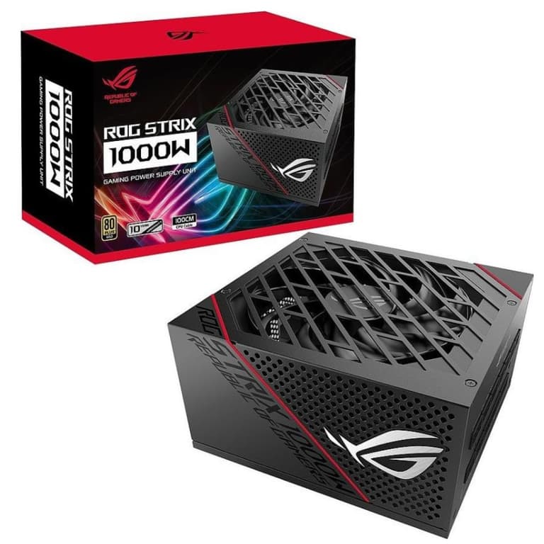 ASUS ROG STRIX 1000W Gold ROG Heatsinks Axial-Tech Fan Dual Ball Fan Bearings 0dB technology 80 PLUS Gold Certification Fully Modular