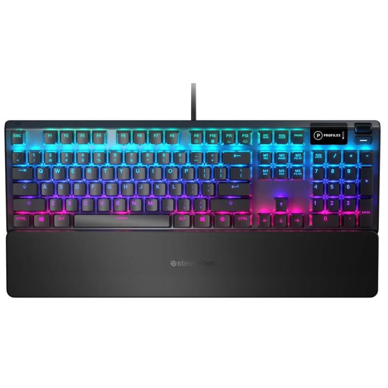 SteelSeries USB Apex 5 Hybrid Mechanical Gaming Keyboard – Per-Key RGB Illumination – Aircraft Grade Aluminum Alloy Frame – OLED Smart Display (Hybrid Blue Switch)