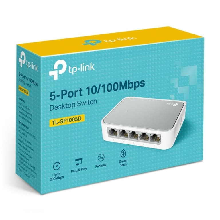 TP-Link TL-SF1005D 5 Port 10/100 Mbps Fast Ethernet Switch Desktop Ethernet Splitter Ethernet Hub Plug & Play Fanless Quiet Desktop Design Green Technology Unmanaged